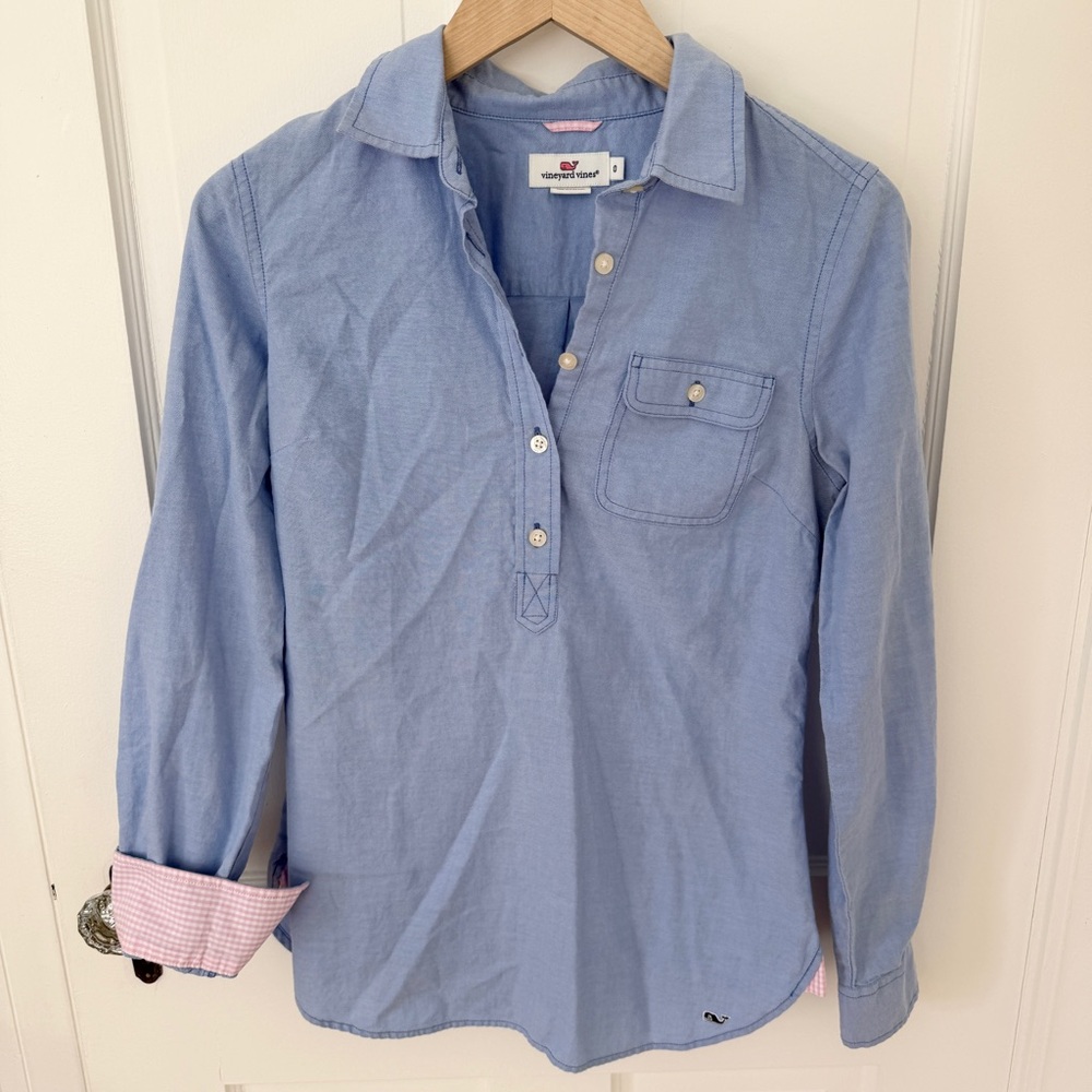 Vineyard Vines Chambray Blue Popover Pullover 1/2 Button Top Pink Gingham Size 0